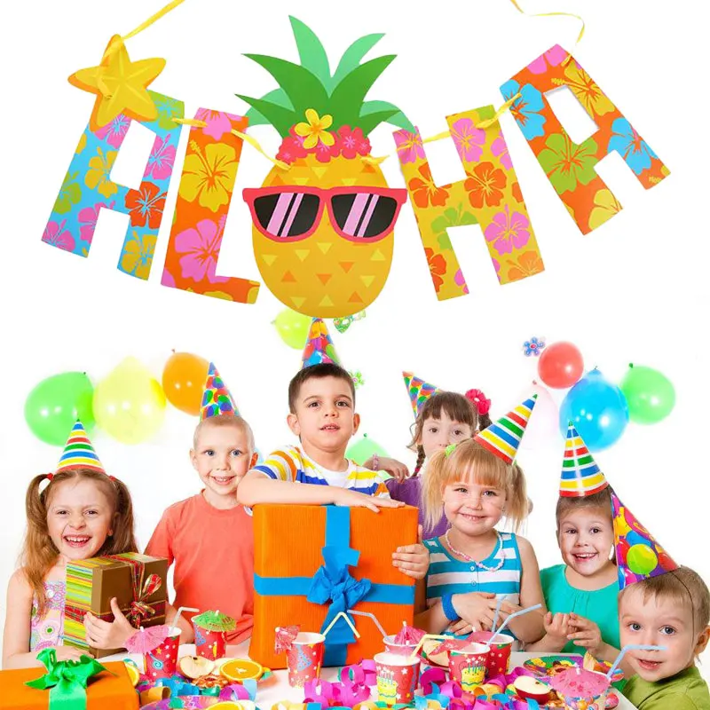 Home Decor Pineapple Decor Hawaii Pennant Hanging Banners Gold Birthday Gift Glitter Festival Stickers Letter Colorful Tropical