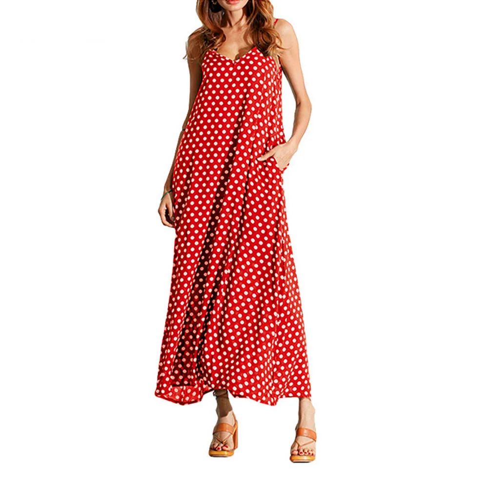 Robe de plage femme ete costumi da bagno donna plage женское шифоновое длинное вечернее пляжное платье в горошек с карманами Boho - Цвет: Красный