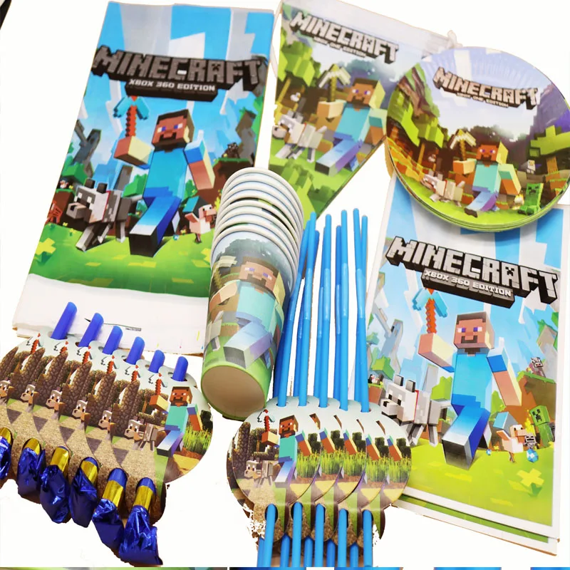 

63pcs/lot Minecraft Theme Cartoon Party Tableware Decorations Set for 6 Plate Napkin Pennant Birthday Baby Shower Party Supplies