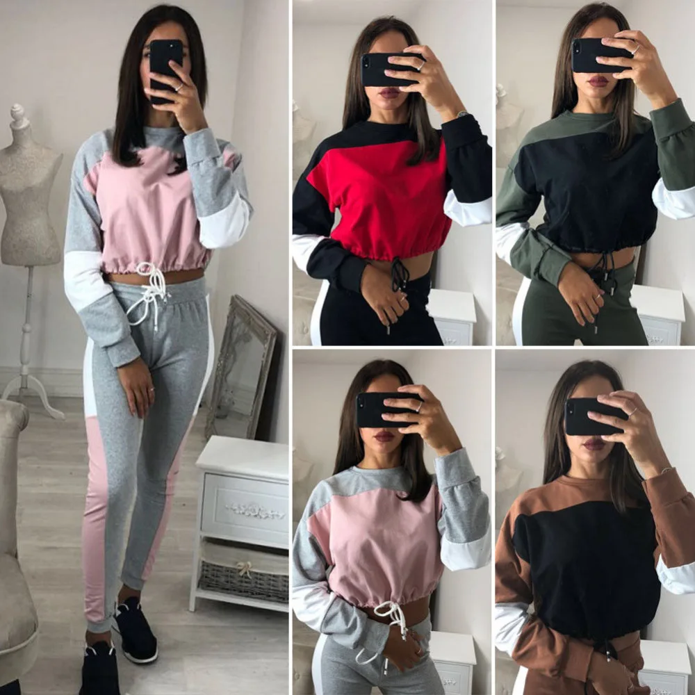 

2 Piece Set Fashion Fall Women 2018 Tracksuit Clothes Set Bandage Slim Short Hoodies Crop Top+High Waist Pants Women Streetwear
