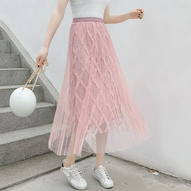 

New X women mesh retro beaded skirt spring and summer beach casual loose waist wild color lace long skirttide fairy