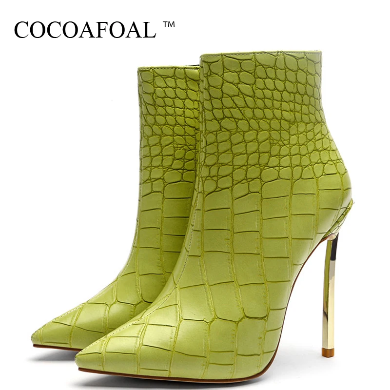 

COCOAFOAL Autumn Winter Women's Ankle Boots Woman High Heels Shoes Metal Decoration Green Martin Boots Snakeskin Chelsea Boots