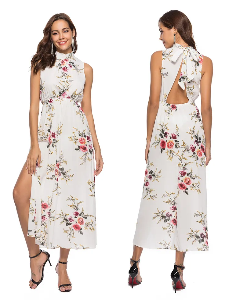 White halter printed lace maxi dress