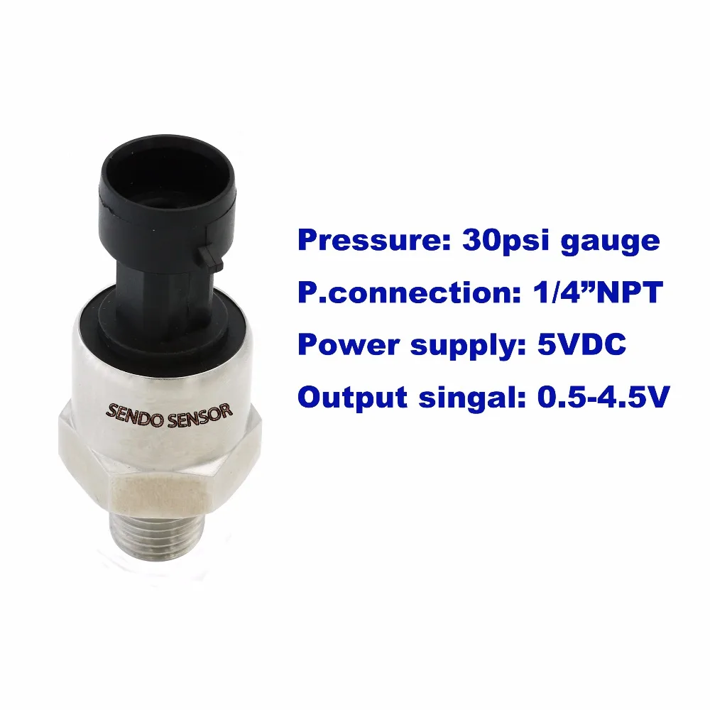 

water oil pressure tranducer transmitter, sensor 0 to 2 bar, signal 0.5 4.5V, 5V DC power, 1 4 NPT thread, IP65, low price
