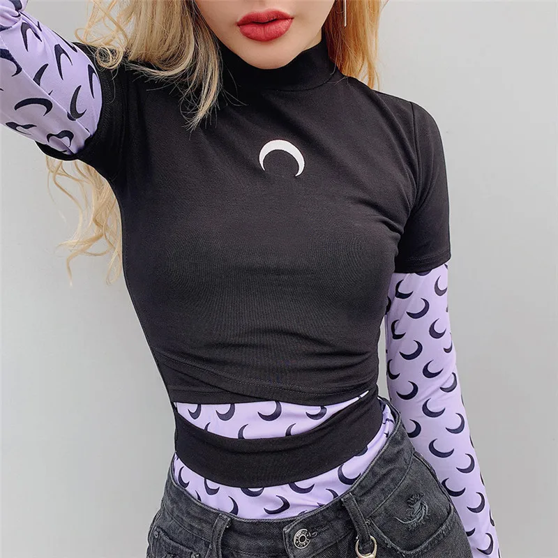 Женская готическая футболка Witch Moon хлопковая короткая с вышивкой в виде