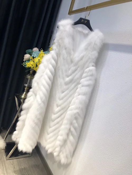 Вязаный пуловер из натурального Лисьего меха, женская мода, v-образный вырез, натуральный Лисий мех, Длинный жилет, женские топы - Цвет: white