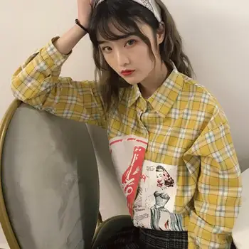 

2018 South Korea Spring New [free Shipping] Fashion Women's Shirt Plaid Cartoon Print Long-sleeved Shirt Was Thin Shirt