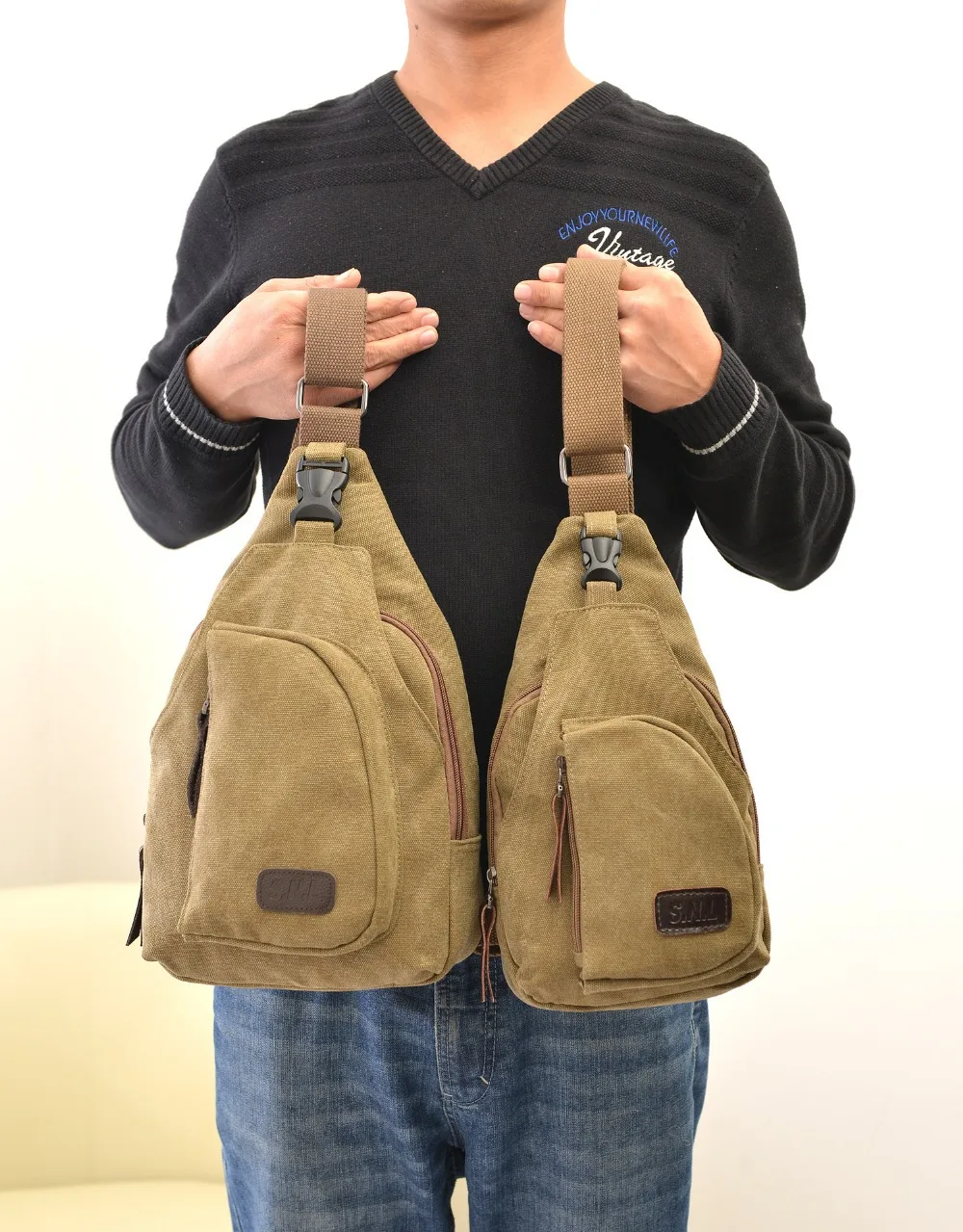 Men Women Canvas Messenger bag Travel Hiking Cross Body Shoulder Chest Bag Khaki 