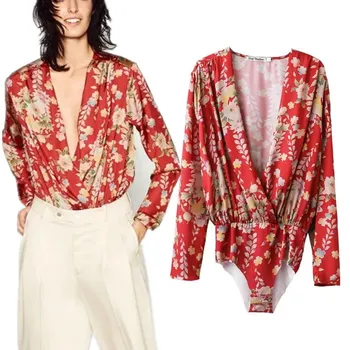 

2018 women clothing long sleeve sexy deep V-Neck elastic cord print jumpsuits Rompers Female fashion high street loose bodysuits