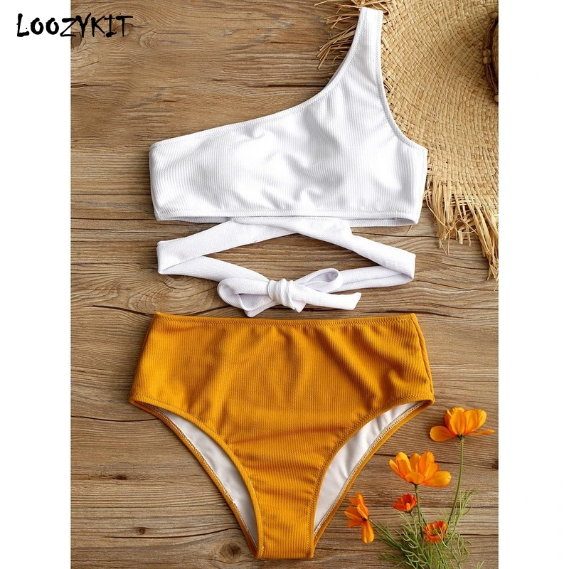 

LOOZYKIT 2019 Summer Women Bikini Set One Shoulder Two Tone High Waist Cross knotting Two Pieces Swimsuit Sexy Beachwear Mujer