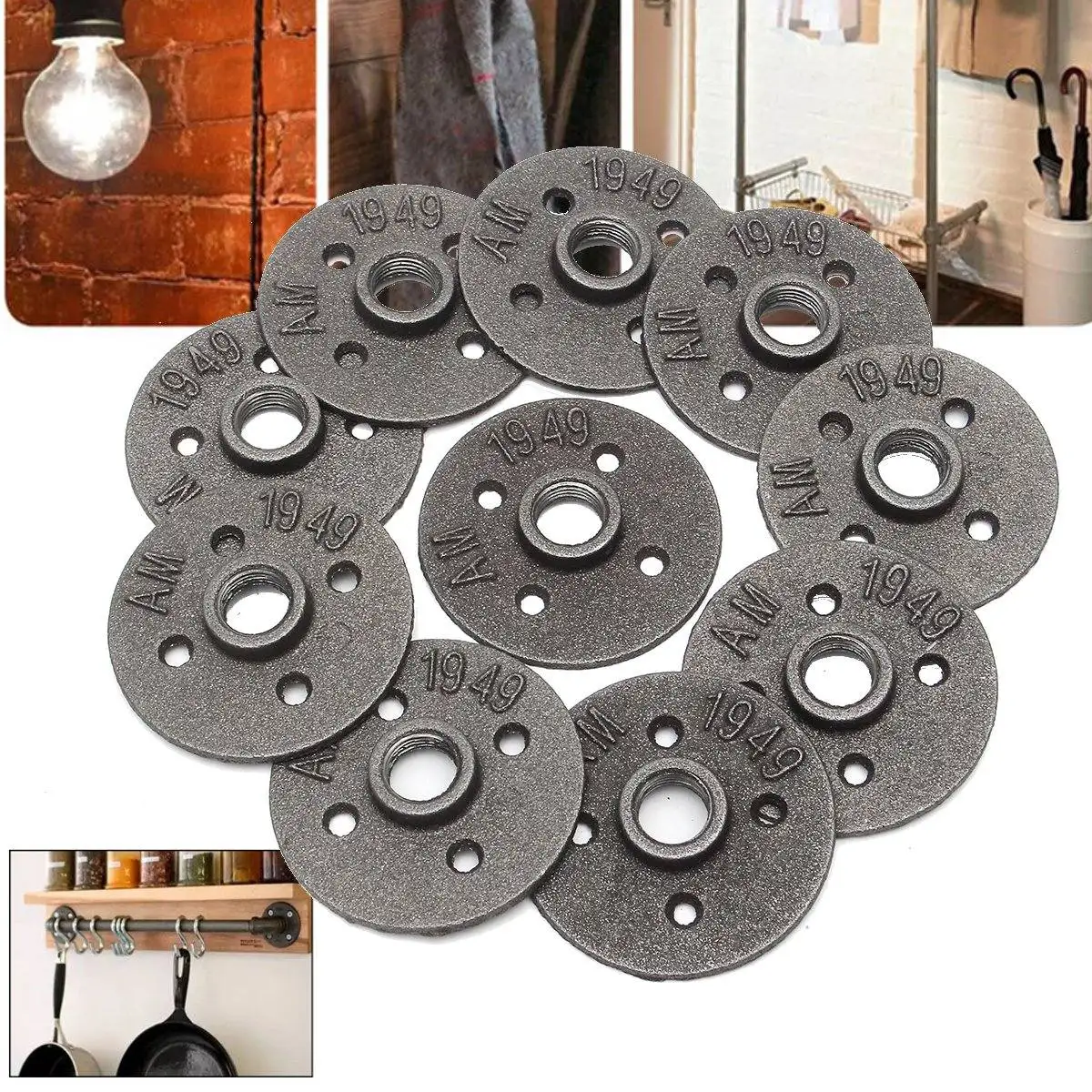 

10pcs 1/2 Inch DN15 Cast Iron Steel Tube Pipe Floor Flange Industrial Style Pipe Fitting Wall Mount
