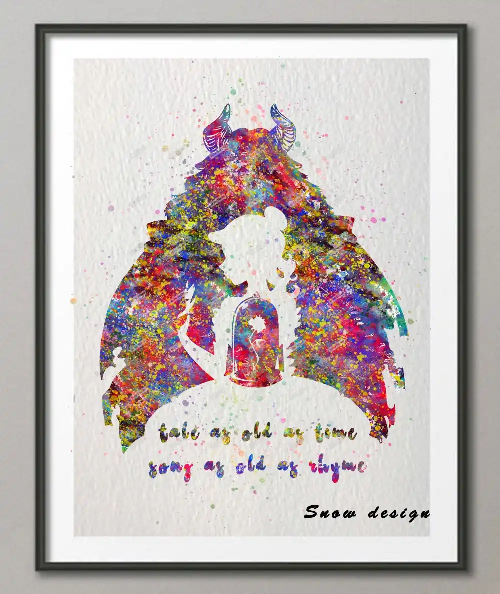 Original watercolor beauty and the beast quote wall art poster print pictures canvas painting kids room home decoration wall art