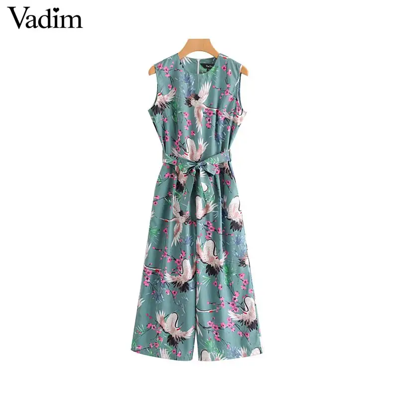 

Vadim women floral crane print jumpsuits bow tie sashes pockets sleeveless pleated rompers female casual chic playsuits KA564
