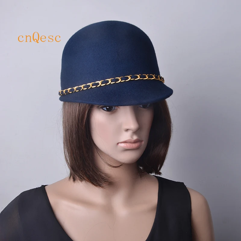Привлекательные разноцветные новые черные женские фетровые шляпы, женские шляпы из шерстяного войлока с золотой металлической цепочкой для зимнего Дерби