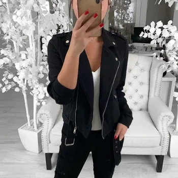 

Fashion 2019 Autumn Ladies Women Turn-Down Collar Casual Jacket Zip Up Biker Coat Lapel Zipper Slim Short Jacket