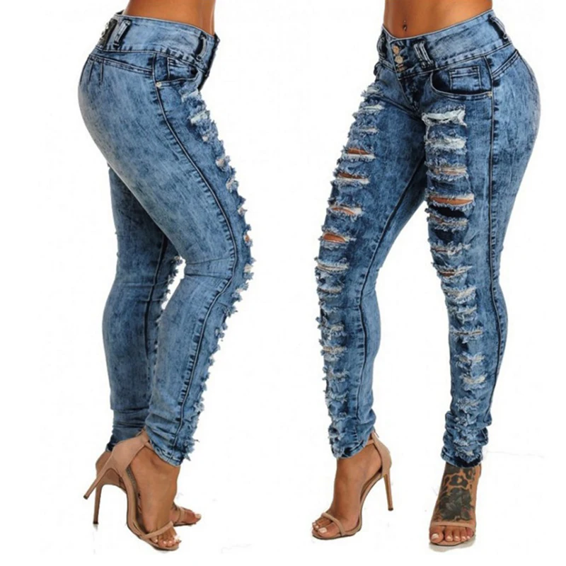 Рваные повседневные Прямые джинсы Для женщин классические Высокая Талия регулярные обтягивающие джинсовые штаны тянущиеся джинсы Для