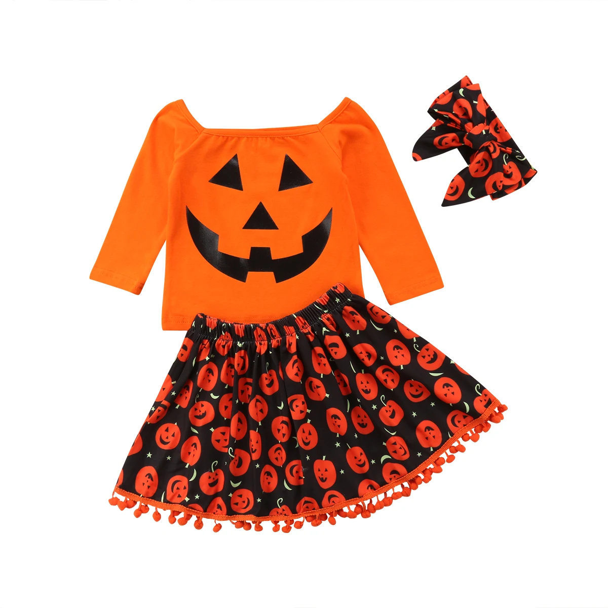2018 модная одежда для маленьких девочек с рисунком тыквы для Хэллоуина Топы короткая юбка повязка на голову, Одежда Комплект От 1 до 6 лет
