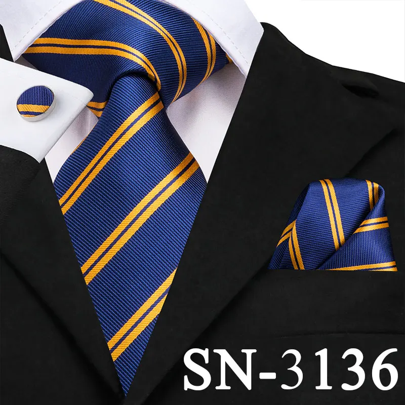 SN-3136 золотой синий полосатый галстук Шелковый плетеный мужской галстук Галстук носовой платок запонки набор роскошные мужские вечерние свадебные карманные квадратные Галстуки - Цвет: SN-3136