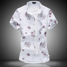 Мужская льняная рубашка с короткими рукавами тонкие дышащие Лето г. высокого качества с цветочным принтом Повседневное белая рубашка Большой Размеры