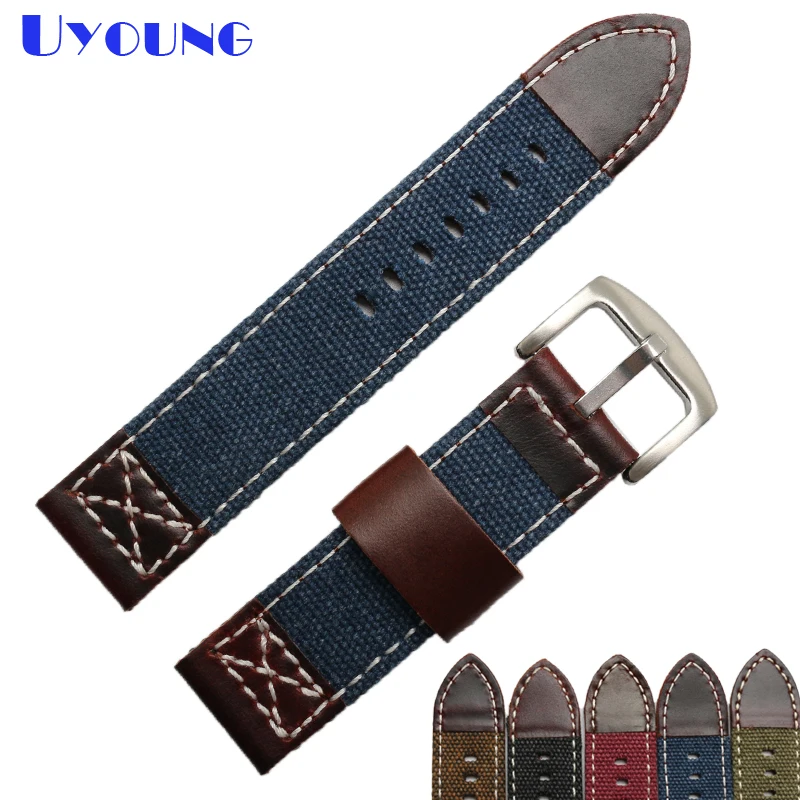 

Canvas watchband nylon wristwatches watch belt 20 22 24mm stitched wristwatches band bottom is genuine leather watch strap