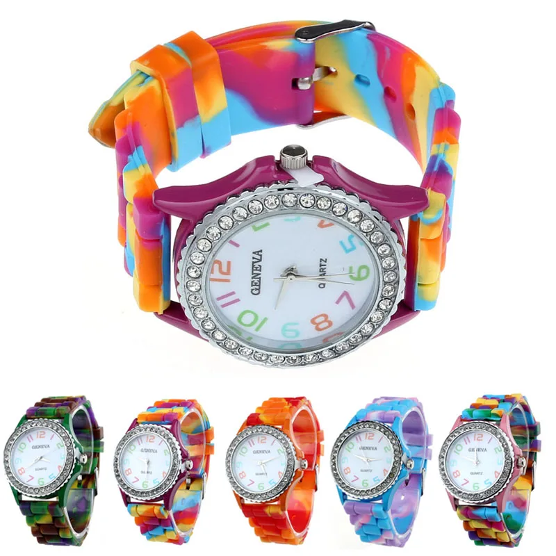 Duobla, Женские Аналоговые часы Geneva с силиконовым кристаллом из сплава, цифровой кварцевый браслет ретро, дизайн радуги, наручные часы 30Q