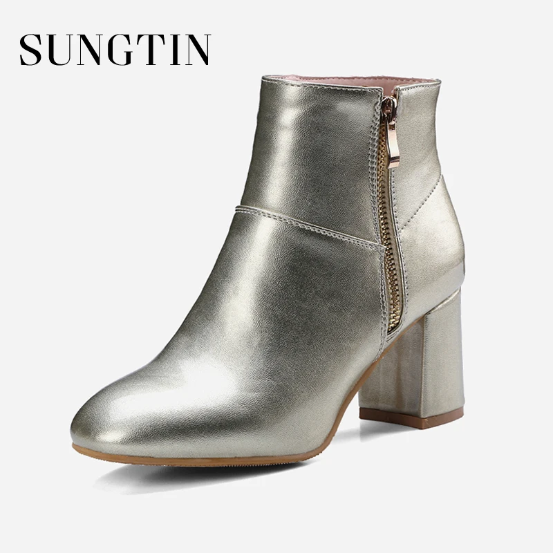

Sungtin Patent Leather Large Size Women Ankle Boots Plush Warm Winter Boots PU High Heel Casual Short Boots Ladies Riding Boots