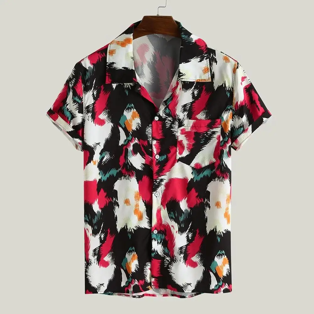 

2019 men's clothing Mens Contrast Color Floral Printed Turn Down Collar Short Sleeve Loose Shirts Hauts pour hommes Plus Size