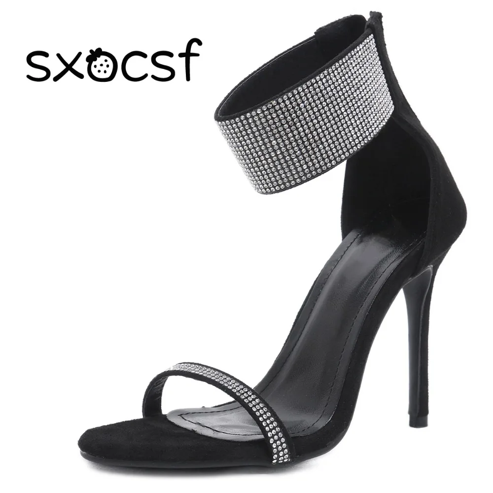 

Fashion Women Shoes Summer Bling Rhinestone Shiny Ladies Sandals Ankle Wrap High Heels Crystal Dress Wedding Shoes Black