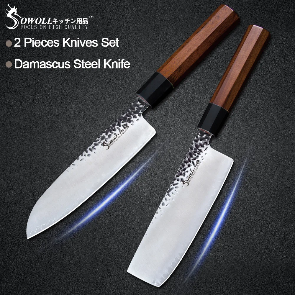 

SOWOLL 2pcs Damascus Chopping Santoku Knife VG10 Handmade Forged Japanese Knife Kitchen Chef Knives Very Sharp Nakiri Cleaver