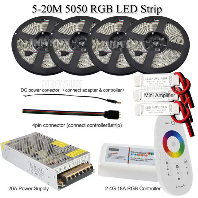  20m 15m 10m 5m 24V RGB LED Strip 5050 Waterproof Full kit + RF Touch Remote + Power adapter + Ampli - 32646873978
