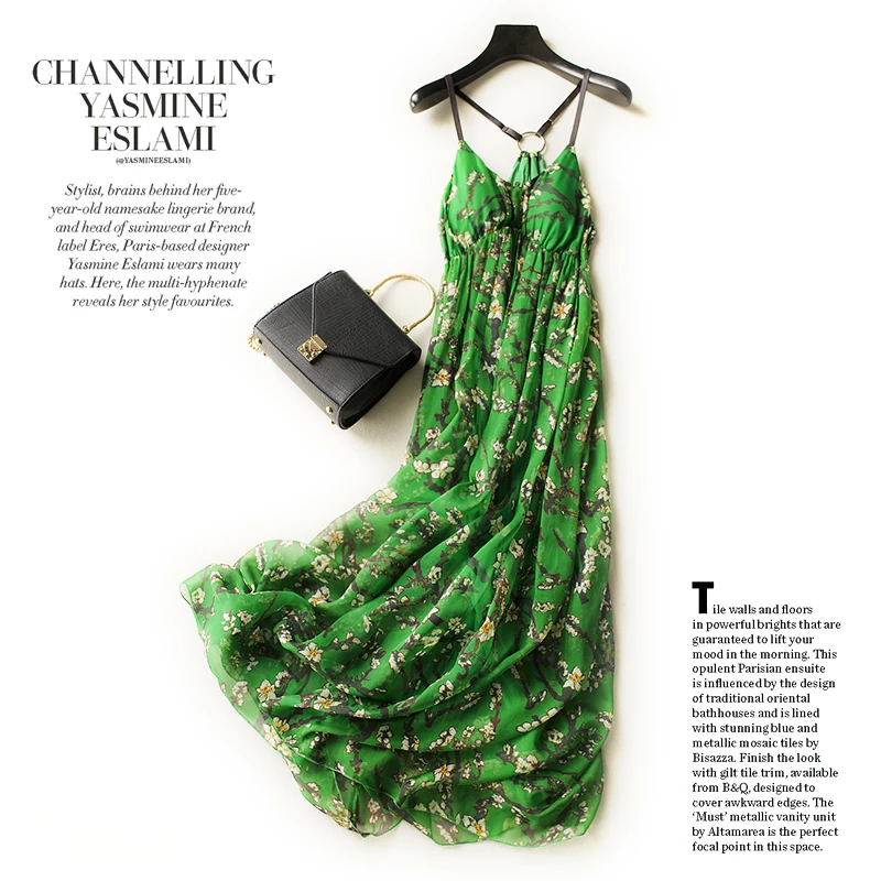 green pure silk dress long