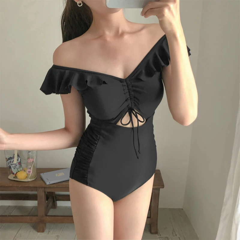 

New Brand Women Sexy Off Should Rulffle One Pieces Swimwear Hot Girls Black Body Suit Beach Wear Swimsuit Cute Pool Bthing Suit