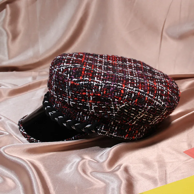 Осенне-зимняя винтажная Высококачественная твидовая шляпа из искусственной кожи с пуговицами, клетчатые шапки для женщин, военная шапка, женская кепка с якорем