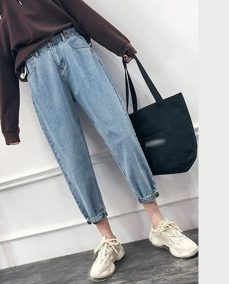 Весенние и осенние новые корейские узкие свободные прямые джинсы-шаровары, джинсовые штаны, женские повседневные брюки с высокой талией, Женские однотонные брюки