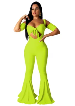 

Summer Autumn Women Two Piece Set Top and Pants Plus Size Tracksuit Sweatsuit Outfit Solid Color Strapless Top and Flare Pants