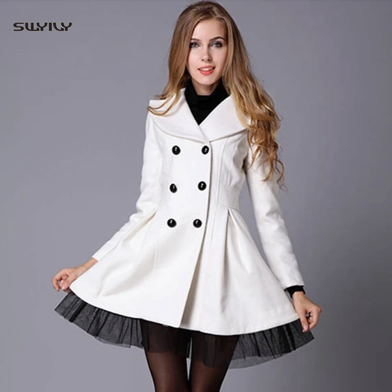 

SWYIVY Women's Wool Coat Female Coat Winter Long Coat Ladies Jackets Elegant Women Coats 2019 Slim Mesh Overcoat Cashmere Coats