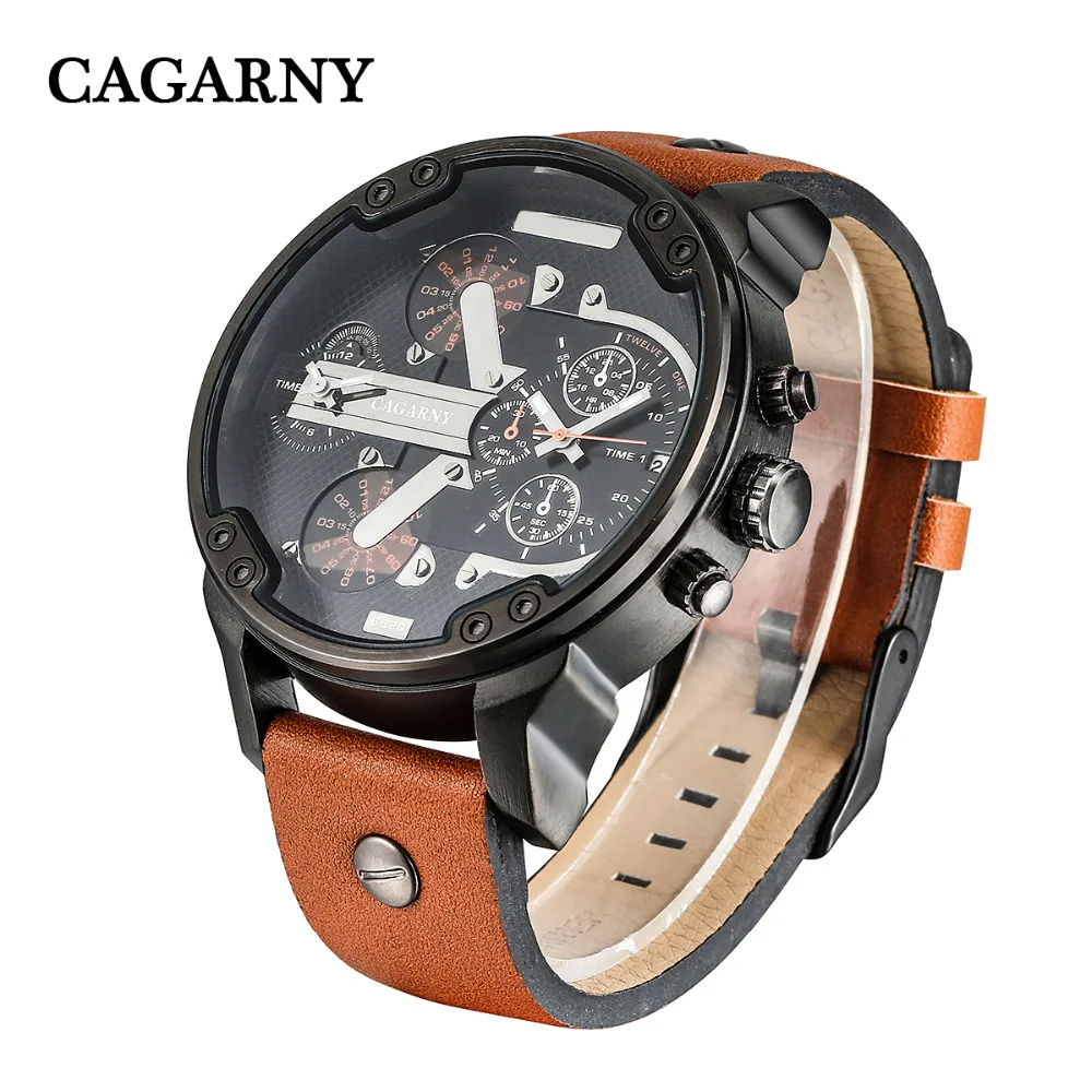 Big Watch Men Military Mens Watches Dual Time Zones Date Quartz Clock Man Leather Analog Sport Relogio Masculino Cagarny D6820