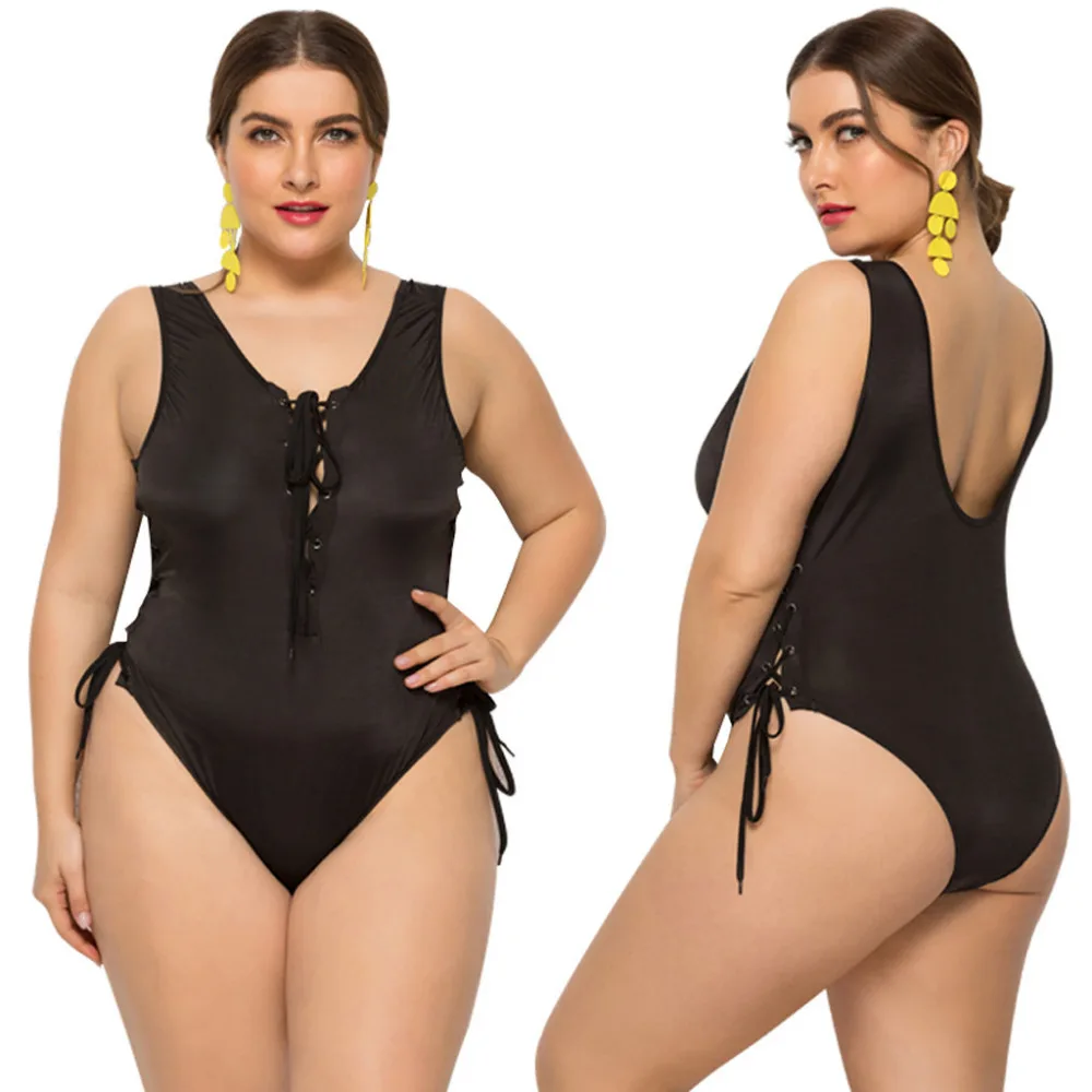 2019 women's plus-size bikinis set summer solid color deep V-neck one-piece hanging neck strap bikini swimsuit push up 40J8 (1)