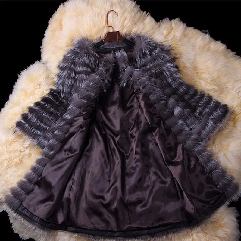 Шубы из натурального меха серебристой лисы для женщин, натуральная меховая женская уличная куртка, настраиваемая в полоску, длинный Лисий мех