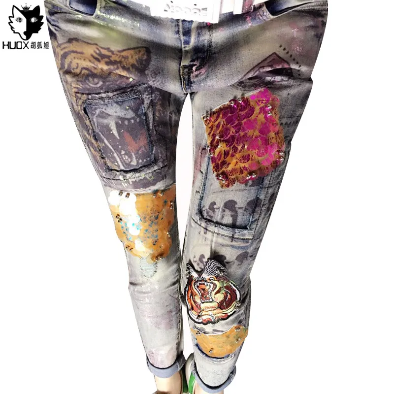 

HUOX Autumn Applique Sequins Print Women Jeans Cool Tiger Painted Denim Pants Elastic Slim Capris Female Denim Trousers