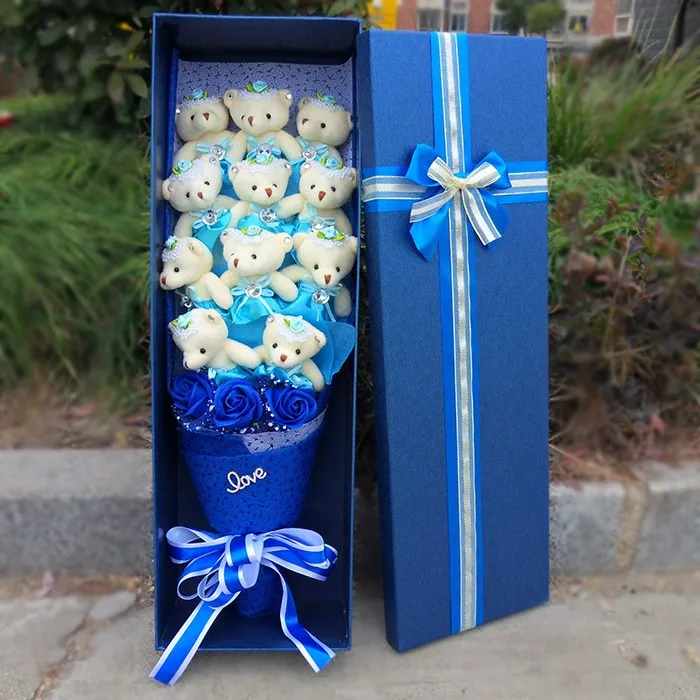 Плюшевый мишка плюшевые игрушки с поддельными розами Мультяшные модные цветы букет Подарочная коробка День святого Валентина подарки на день рождения - Цвет: Синий