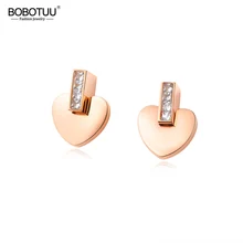BOBOTUU розовое золото кубический цирконий женские свадебные серьги гвоздики ювелирные изделия нержавеющая сталь, милая никогда не выцветает сердце серьги BOGE479
