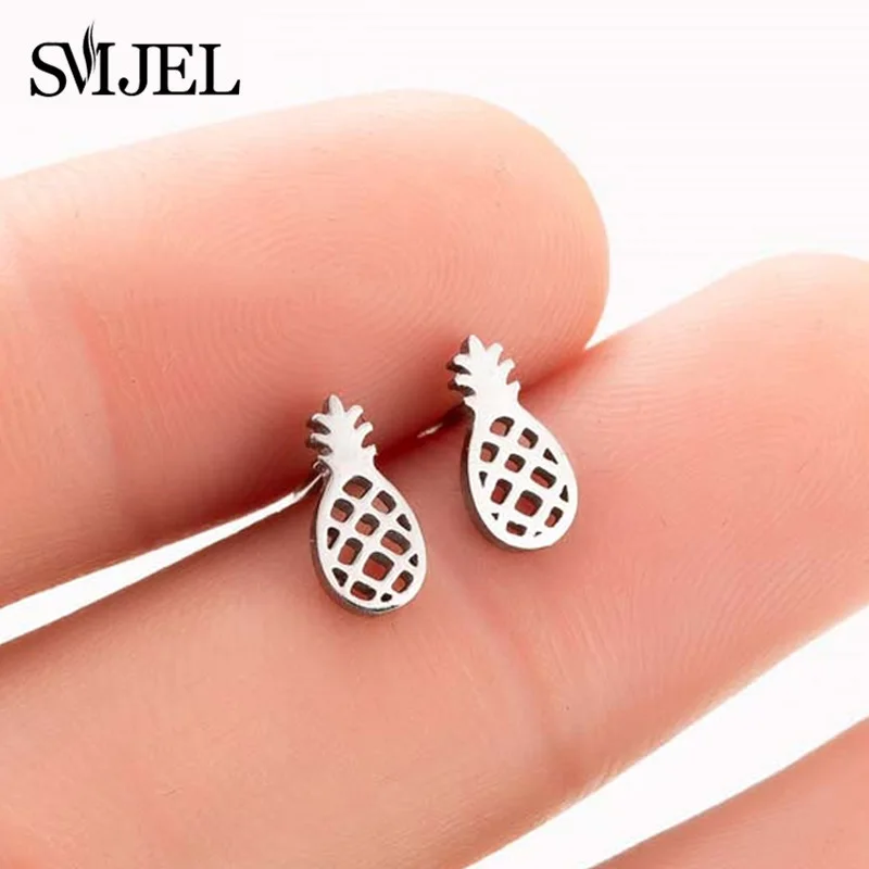 SMJEL Korean Stainless Steel Earrings for Women pendientes hombre Flower Small Earrings Studs Birthday Gifts Wholesale - Окраска металла: pineapple