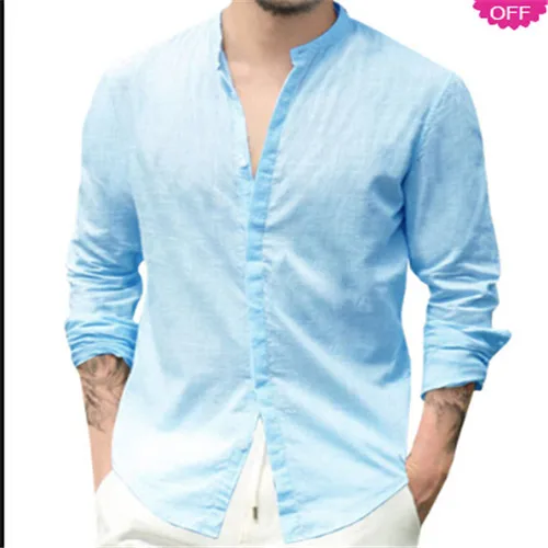 Новые мужские рубашки с длинным рукавом, однотонные хлопковые льняные повседневные рубашки с v-образным вырезом, хлопковые летние пляжные рубашки в китайском стиле - Цвет: Синий