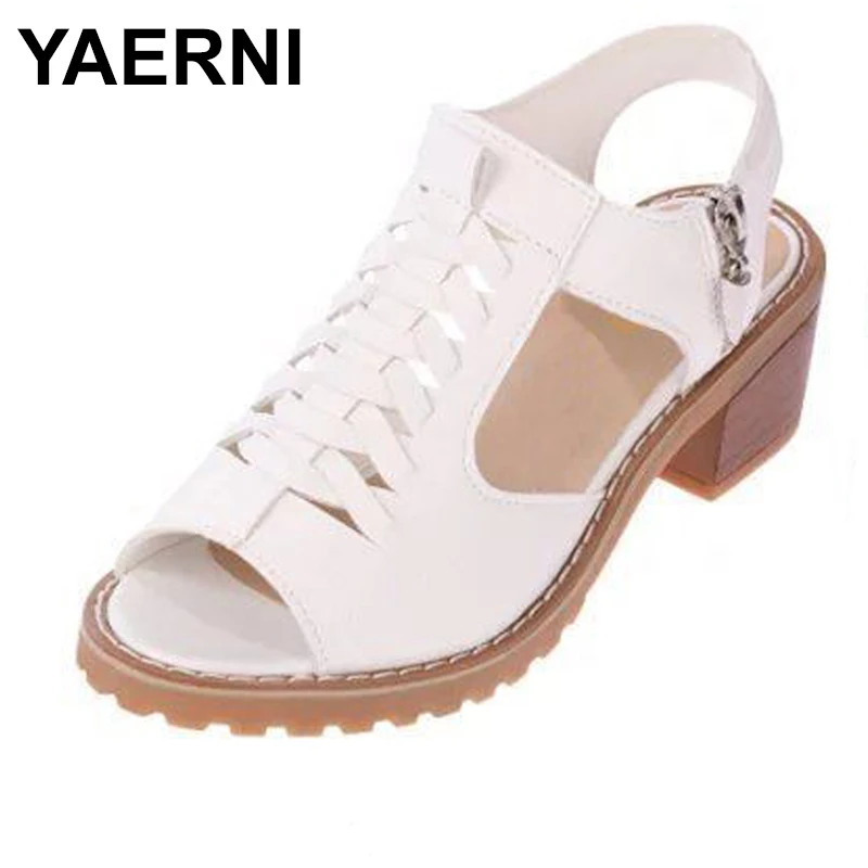 

YAERNI Vintage Elegant Mid Square Heel Women's Sandals Summer Style Peep Toe Cross Tied Side Zip Design Shoes Woman#ZQS015
