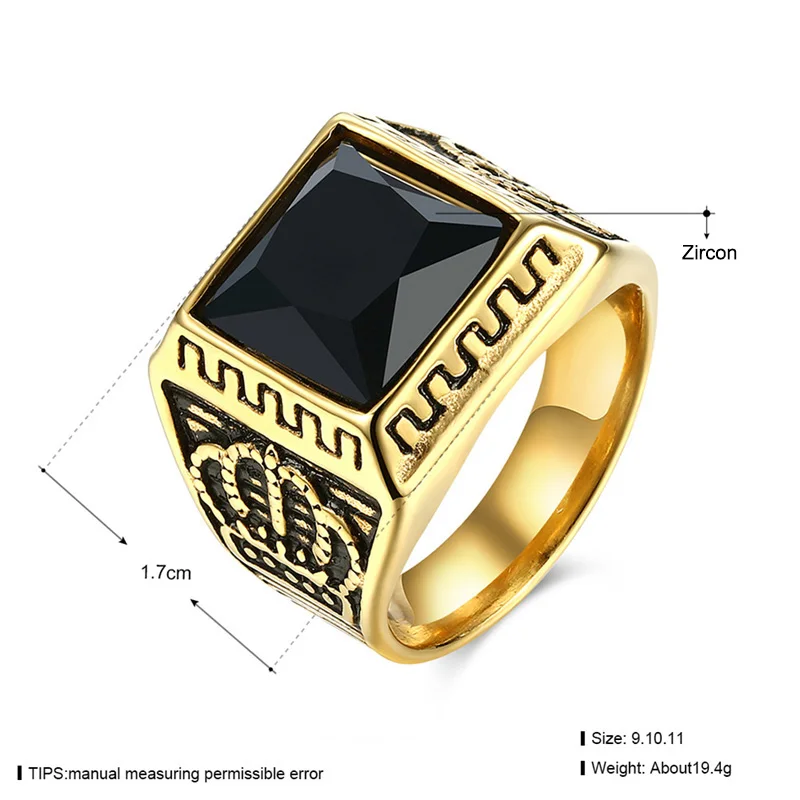 Classic Retro Rings for Men Black/Red Square Stone Titanium Steel Signet Ring Mens Gold-Color Crowm Stainless Steel Wedding Band