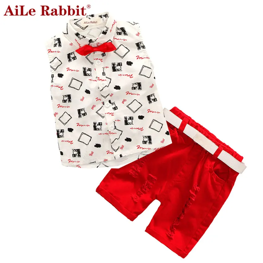 AiLe Rabbit/комплект летней детской одежды, футболки для мальчиков, ремень для шортов, костюмы из 3 предметов, штаны с бантом, спортивная детская
