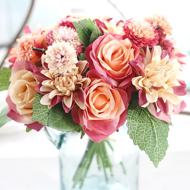 Vintage Soie Fleur Européenne 1 Bouquet Fleurs Artificielles Automne Vivid Rose Faux Feuille De Mariage Accueil