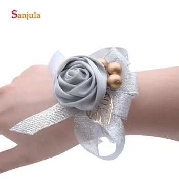 

Sliver Ribbons Handmade Flowers Wrist Corsage Girls Prom Party Handwear Bracelet 11 Different Colors pulsera novia boda WS4