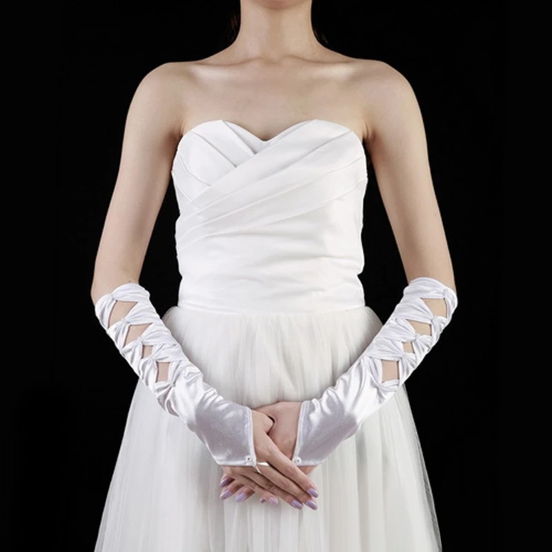 Женские свадебные перчатки без пальцев, длина до локтя, украшенные бисером и бантом, Свадебные Вечерние перчатки